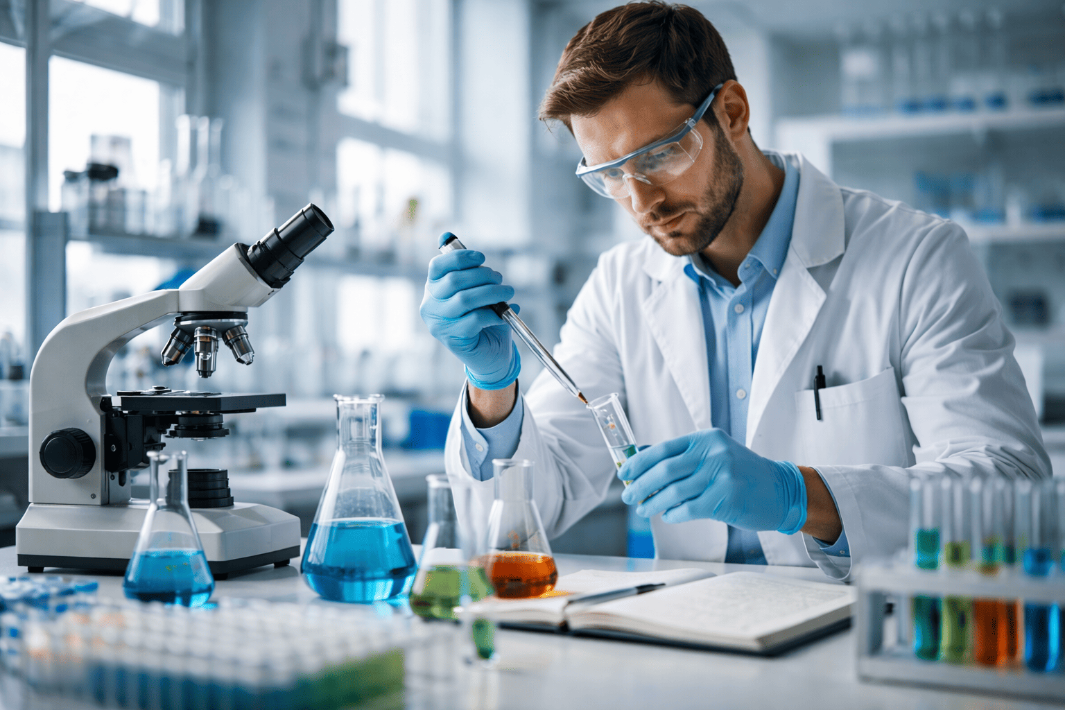 Wetenschapper in wit labjas die met een pipet vloeistof in een reageerbuis druppelt naast een microscoop in een modern laboratorium