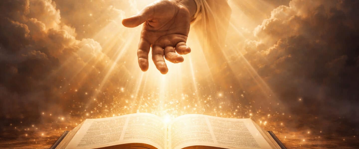 Open Bijbel waarboven een uitgestoken hand uit stralend licht verschijnt, symbolische voorstelling van God die zich in menselijke taal openbaart.