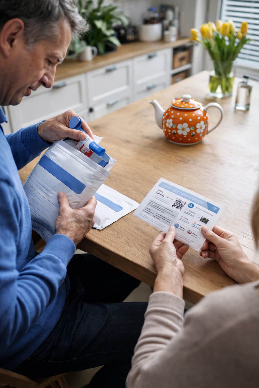Man en vrouw bekijken thuis de testset en instructies voor het Nederlandse bevolkingsonderzoek naar darmkanker