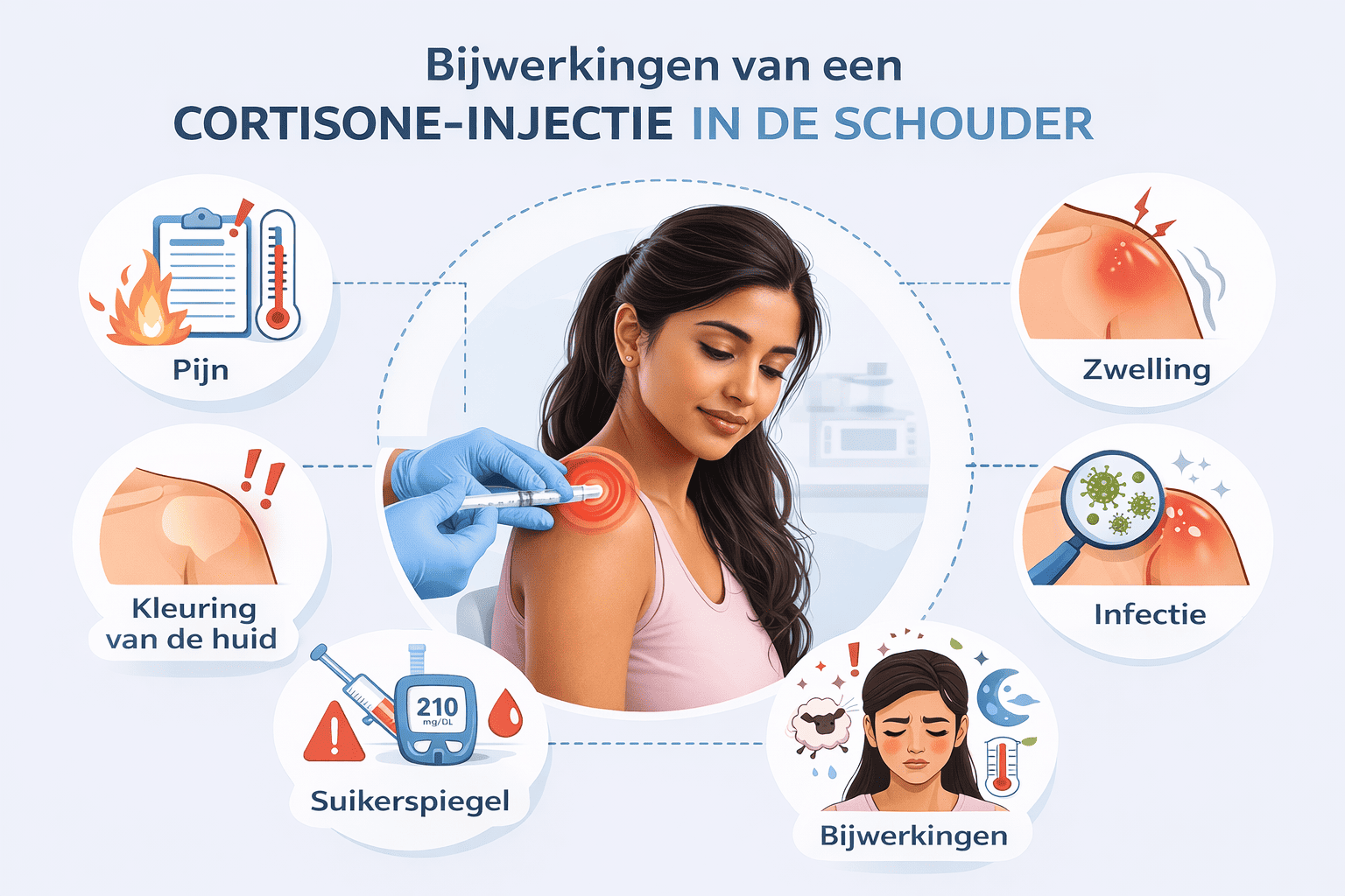 Infographic over mogelijke bijwerkingen van een cortisone-injectie in de schouder, met pictogrammen voor pijn, zwelling, huidverkleuring, infectie en verhoogde bloedsuiker rond een centrale illustratie van een vrouw die een injectie krijgt.