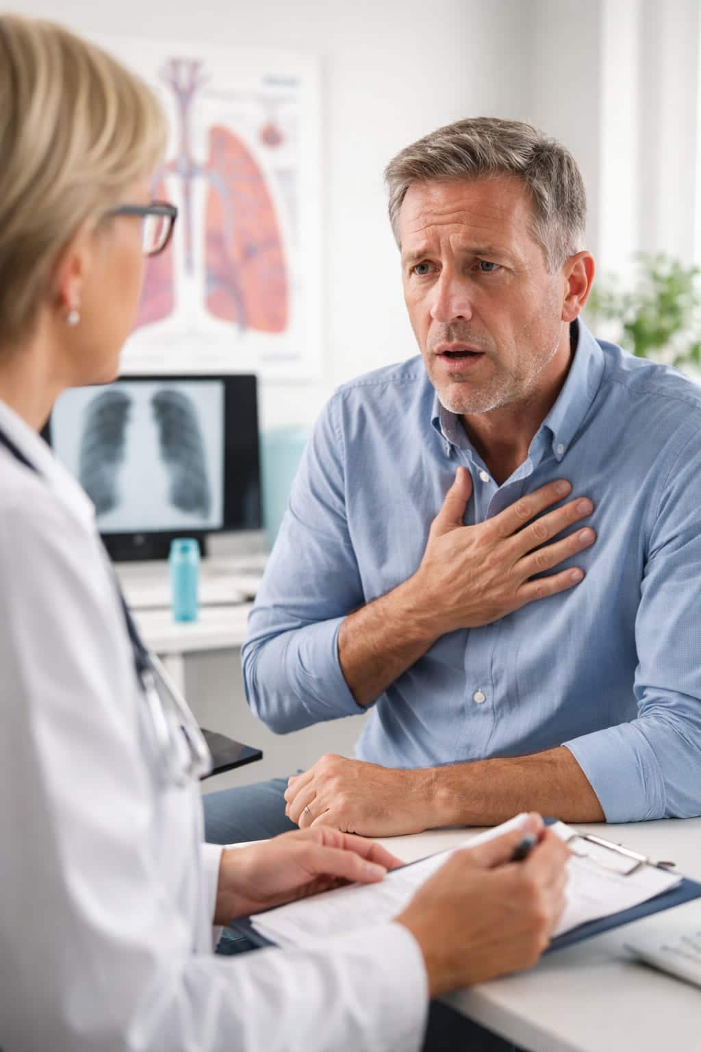 Man met benauwdheidsklachten zit bij de longarts en houdt zijn hand op de borst terwijl de arts luistert naar zijn ademhaling; illustratie van bronchoconstrictie en kortademigheid.