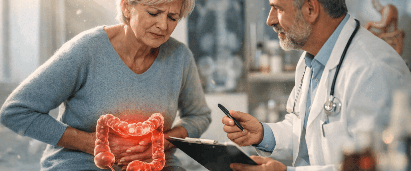 Oudere vrouw met buikklachten in gesprek met een arts in een spreekkamer, met een visueel effect van de dikke darm ter hoogte van de buik om collagene colitis te verbeelden.