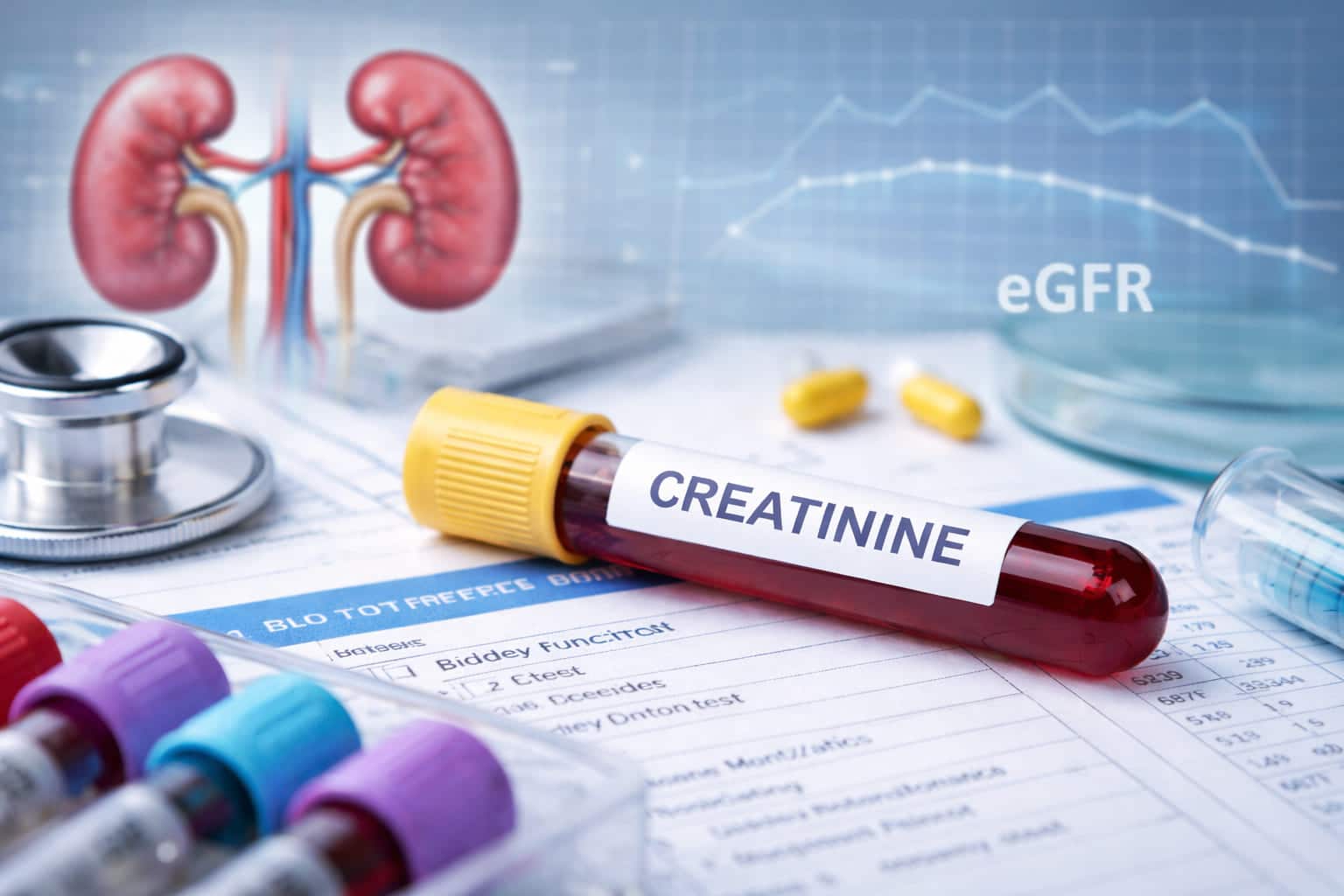 Bloedbuisje met label creatinine op laboratoriumformulier voor nierfunctieonderzoek, met illustratie van nieren en eGFR-grafiek op de achtergrond.