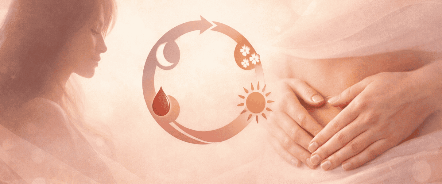 Zachte headerafbeelding in roze en beige tinten met vrouwelijk zijprofiel, cirkelvormige weergave van de menstruatiecyclus en handen op de onderbuik