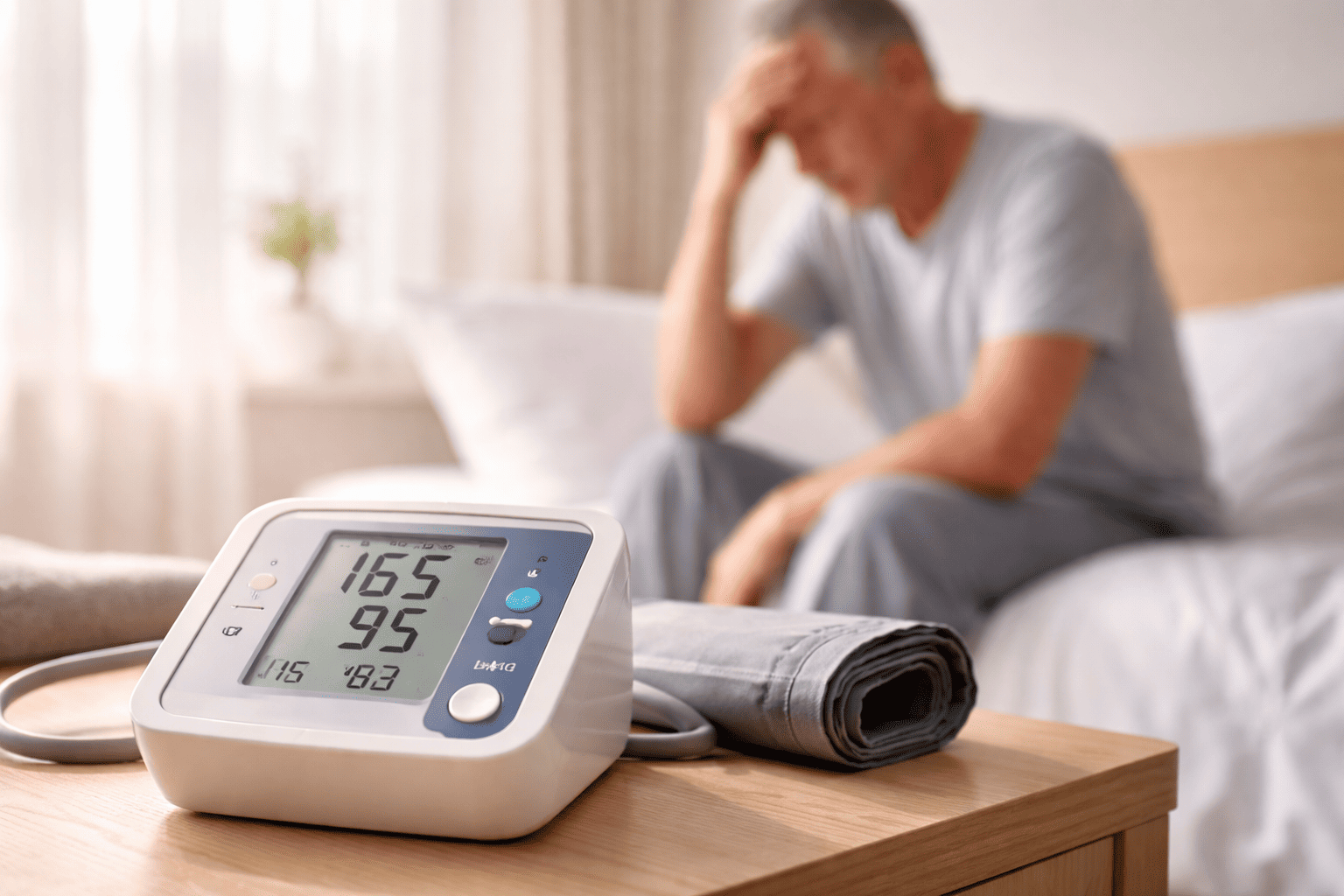 Man zit kort na het opstaan op de rand van zijn bed, terwijl op een nachtkastje een bloeddrukmeter met verhoogde bloeddrukwaarde zichtbaar is.