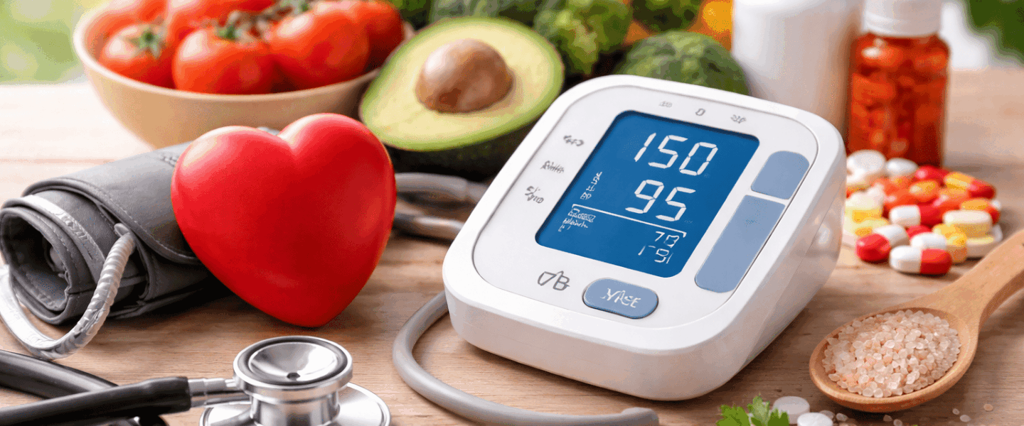Bloeddrukmeter met verhoogde bloeddruk op tafel, naast stethoscoop, medicijnen, hartvorm en verse groenten als symbool voor leefstijl en behandeling bij hoge bloeddruk.