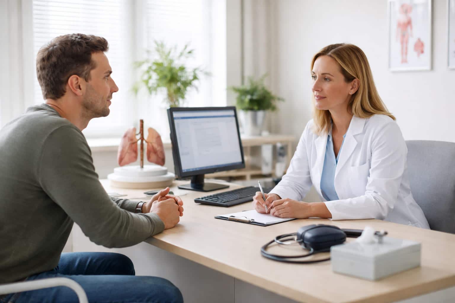 Patiënt zit tegenover de huisarts aan een bureau tijdens een consult in een lichte Nederlandse huisartsenpraktijk met computer, bloeddrukmeter en model van longen.