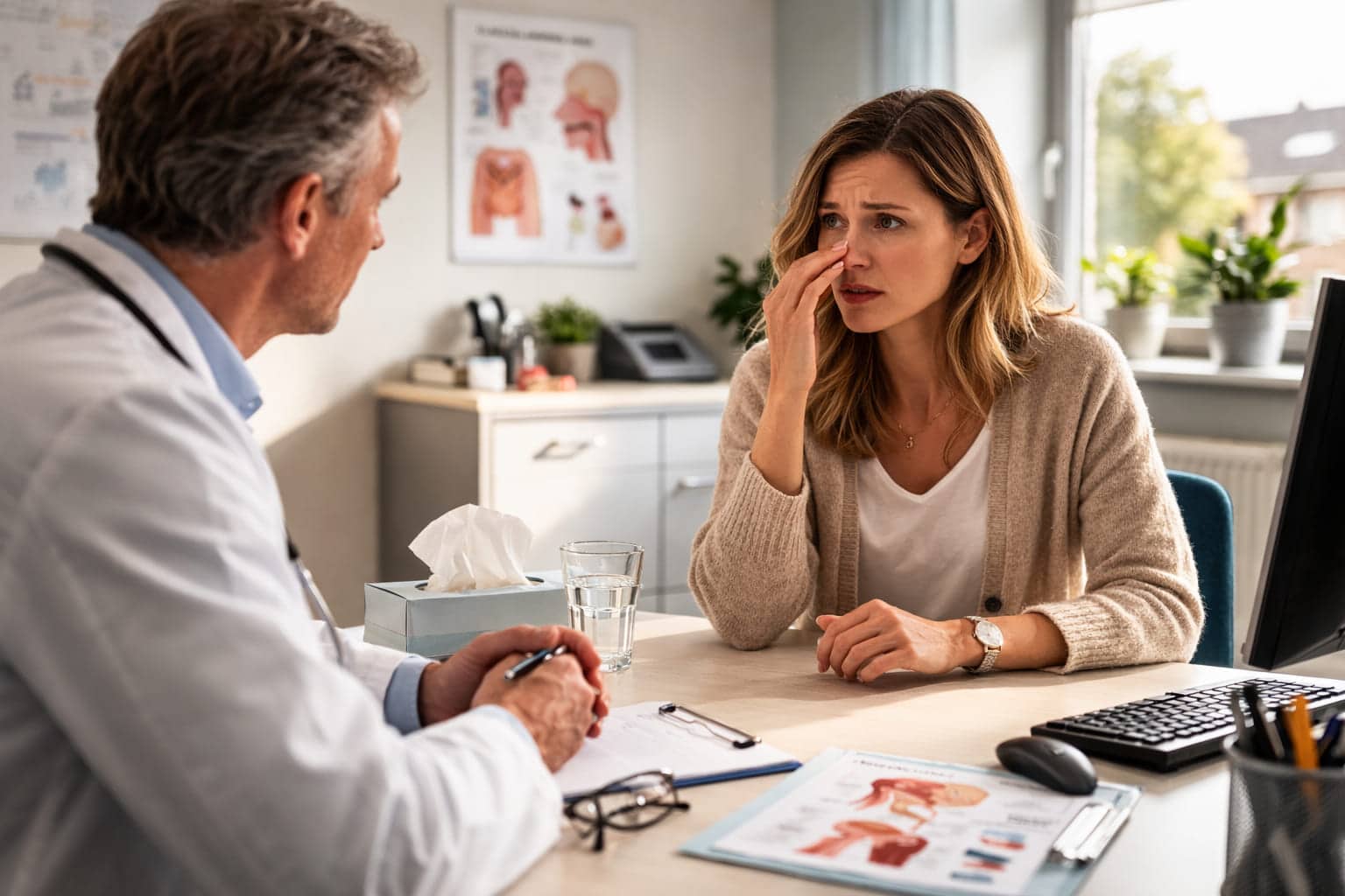 Vrouw met verminderd reukvermogen bespreekt haar klachten met de huisarts tijdens een consult in de spreekkamer.