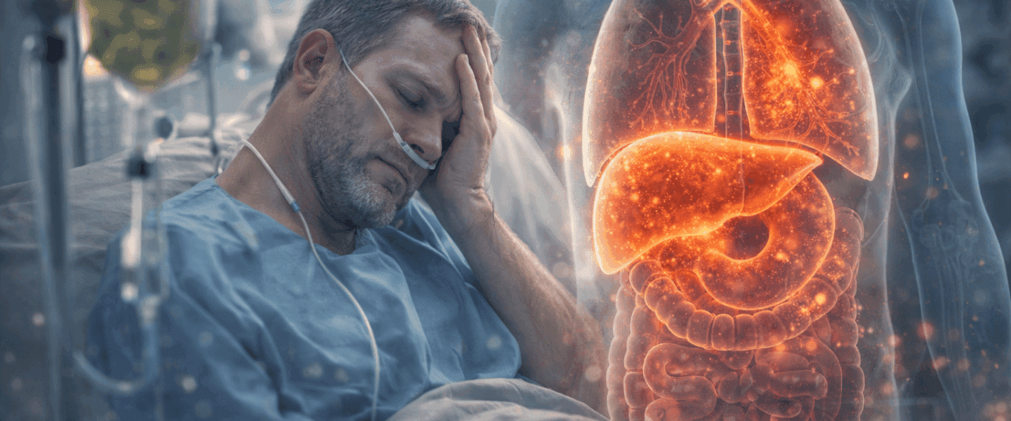 Vermoeide patiënt ligt in een ziekenhuisbed terwijl een subtiel anatomisch effect van lever en darmen in beeld het thema IFALD en parenterale voeding verbeeldt.