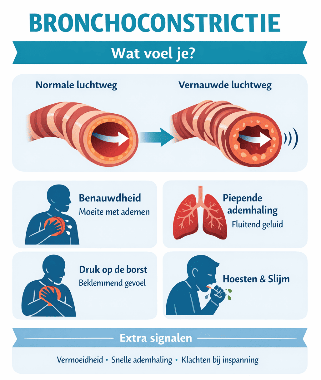 Infographic over bronchoconstrictie met vergelijking tussen een normale luchtweg en een vernauwde luchtweg, en de belangrijkste klachten zoals benauwdheid, piepende ademhaling, druk op de borst en hoesten.