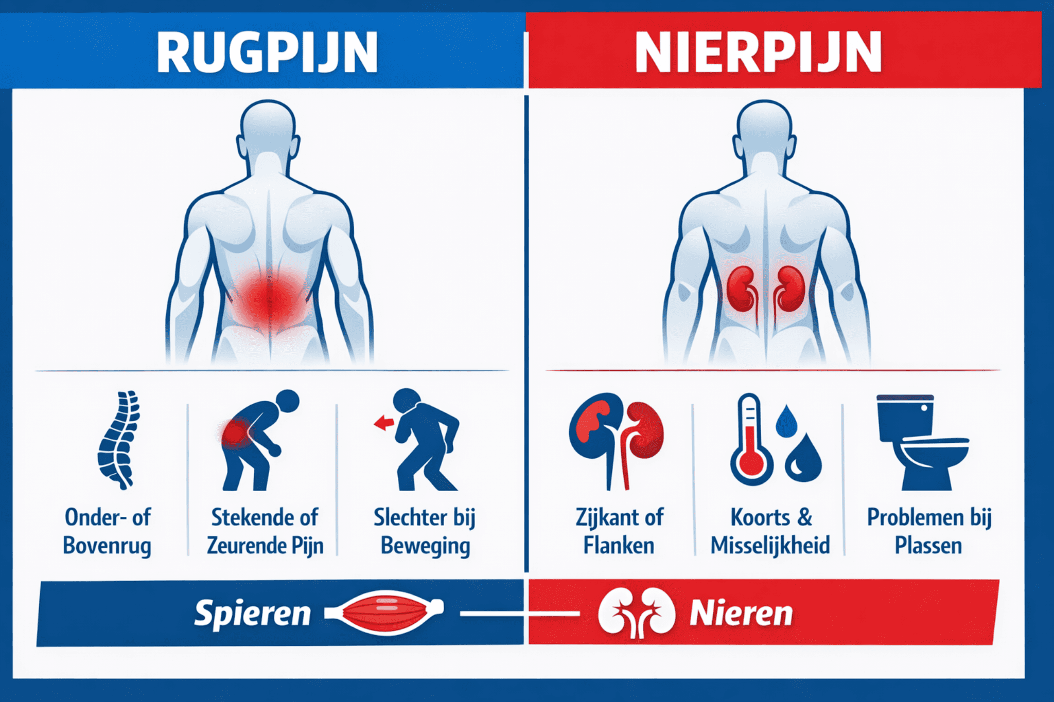 Infographic met een duidelijke vergelijking tussen rugpijn en nierpijn. Links staat rugpijn met pijn onderin of bovenin de rug, stekende of zeurende pijn en verergering bij beweging. Rechts staat nierpijn met pijn in de flank of zij, koorts of misselijkheid en problemen bij het plassen.