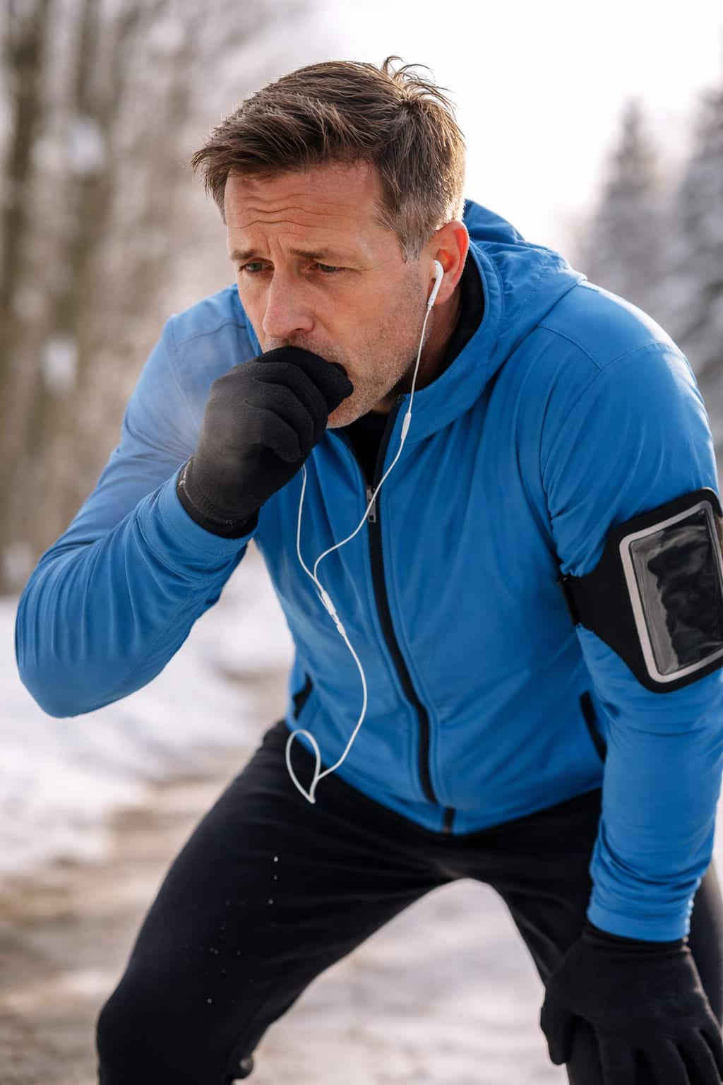 Hardloper in koude buitenlucht die na het rennen voorovergebogen staat en hoest, een mogelijke illustratie van inspanningsgebonden bronchoconstrictie.