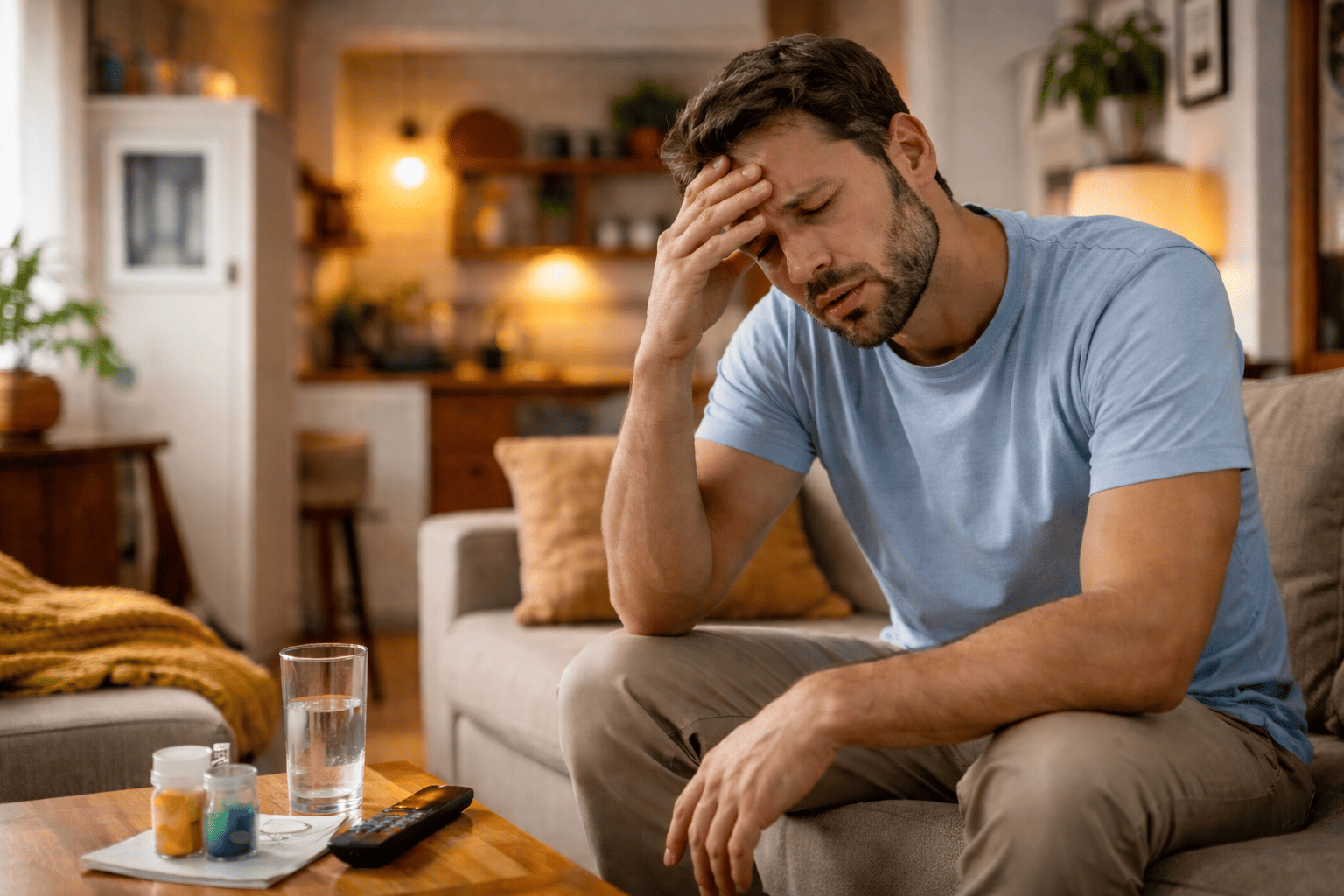 Man zit voorovergebogen op een bank in een huiselijke, licht retro woonkamer en houdt zijn hoofd vast vanwege duizeligheid en een licht gevoel in het hoofd, passend bij klachten die kunnen voorkomen bij orthostatische intolerantie.