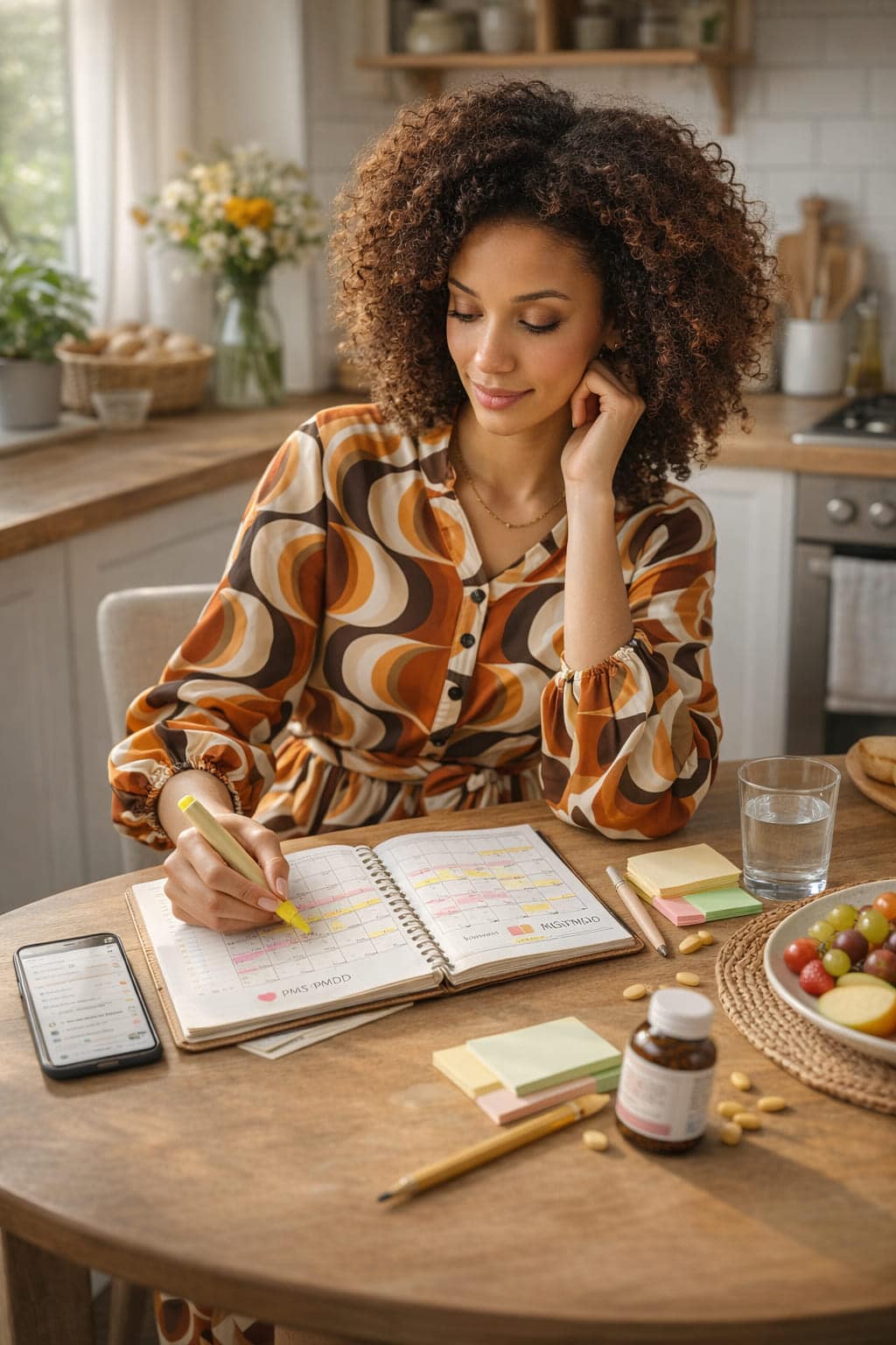 Vrouw in oranje jurk zit aan de keukentafel en houdt in een agenda haar menstruatiecyclus bij met een markeerstift, met smartphone en notities naast zich.