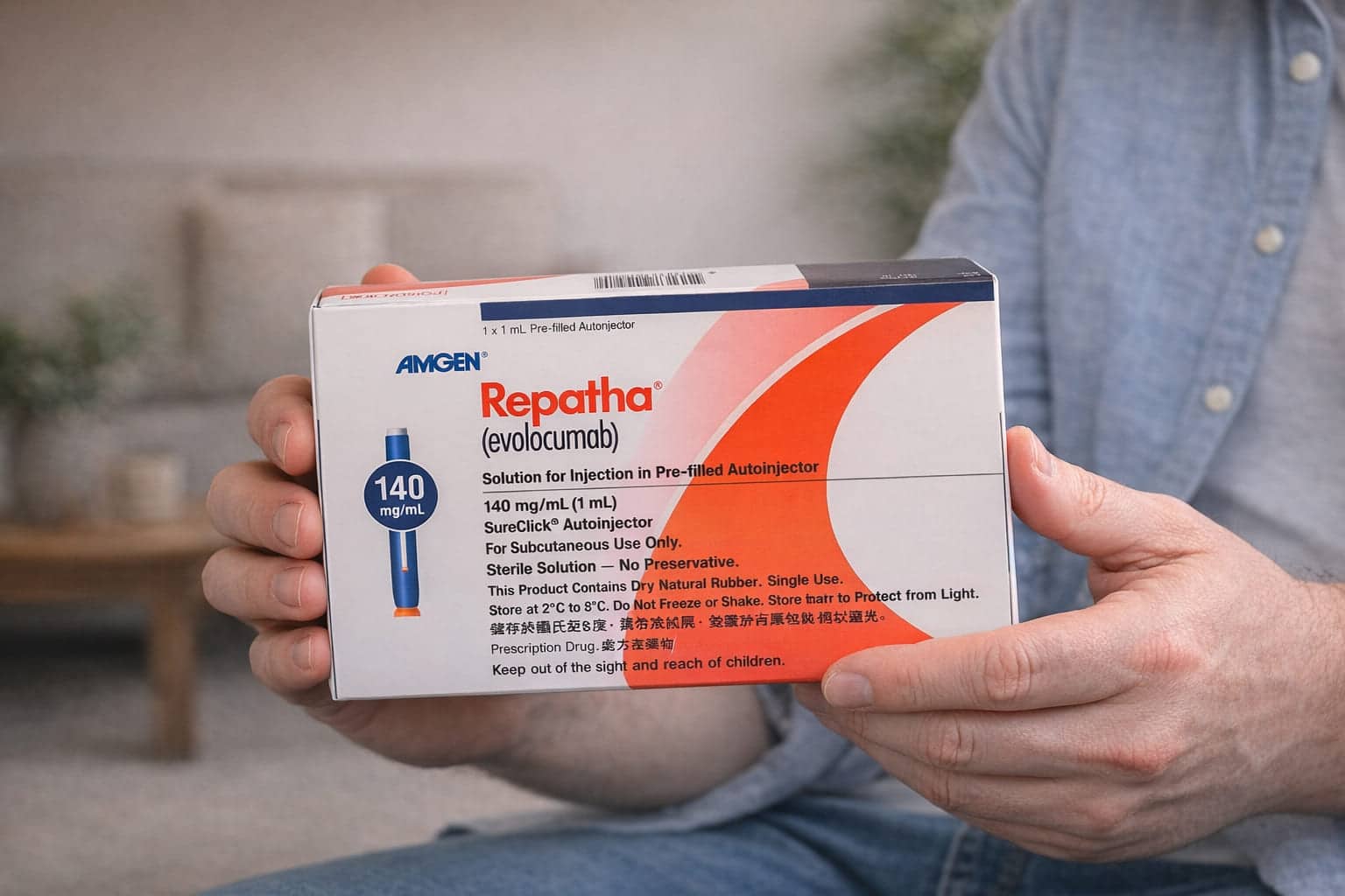 Patiënt houdt een doosje Repatha met evolocumab in beide handen, zittend in een huiselijke omgeving.