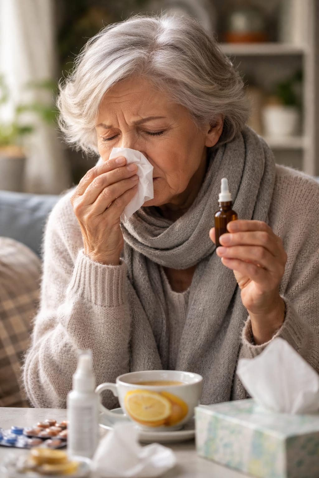 Oudere vrouw met verkoudheid probeert een geur te ruiken maar merkt tijdelijk reukverlies door een virale infectie