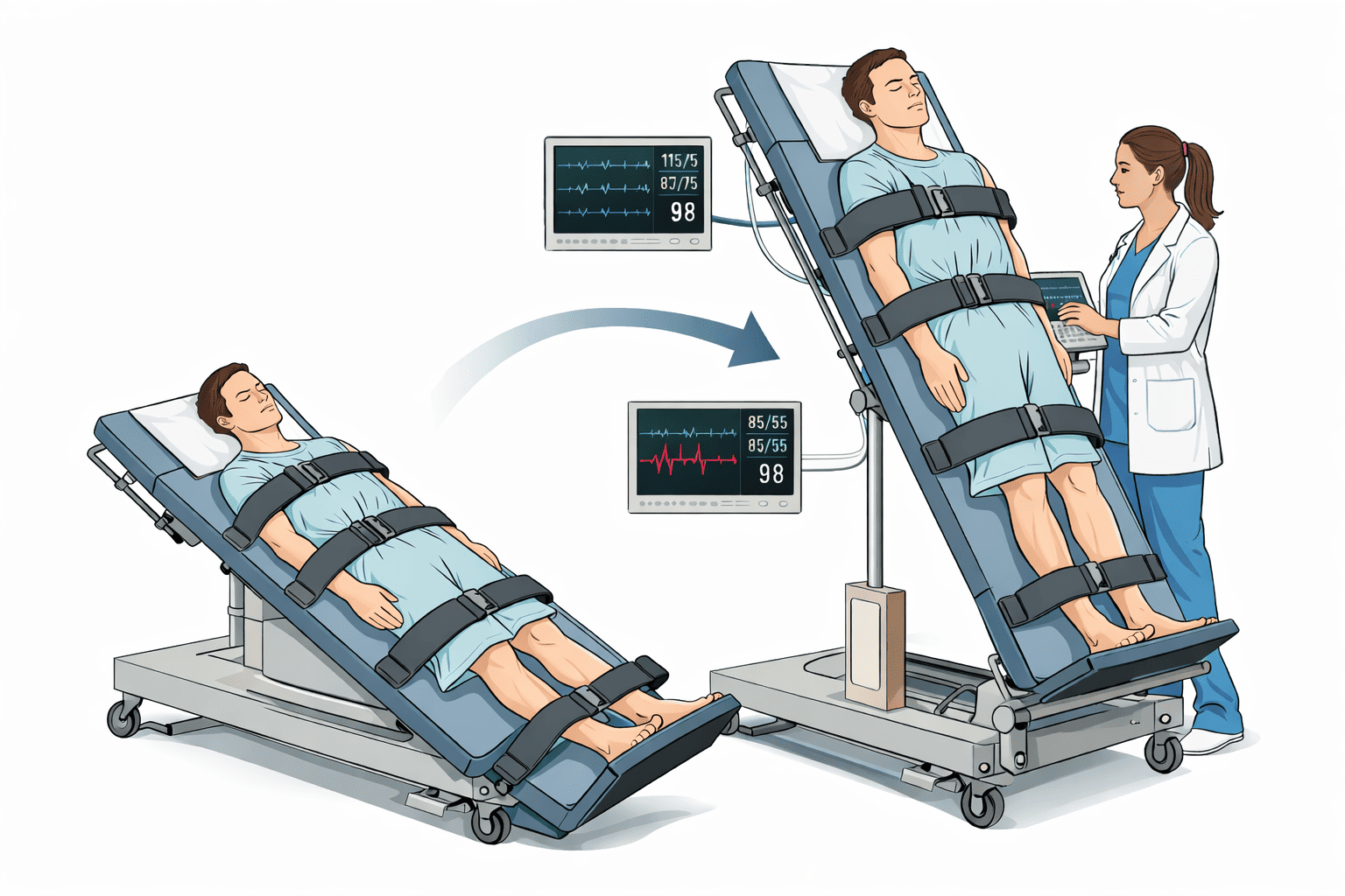 Medische illustratie van een tilt-table test met dezelfde patiënt op een kanteltafel in twee fasen: links in liggende houding en rechts in bijna staande positie, vastgemaakt met banden en bewaakt door een zorgverlener.