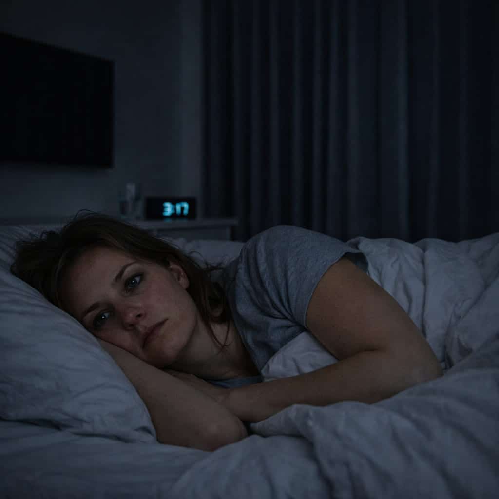Vermoeide vrouw ligt wakker in bed tijdens een onrustige nacht, in een rustige Nederlandse slaapkamer met gesloten gordijnen en zacht, gedempt licht.