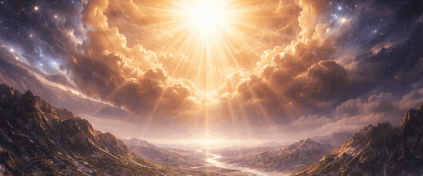 Abstracte headerafbeelding van een stralende lichtbron boven een uitgestrekt berglandschap, met wolken, sterrenhemel en een rivier die door het dal slingert.