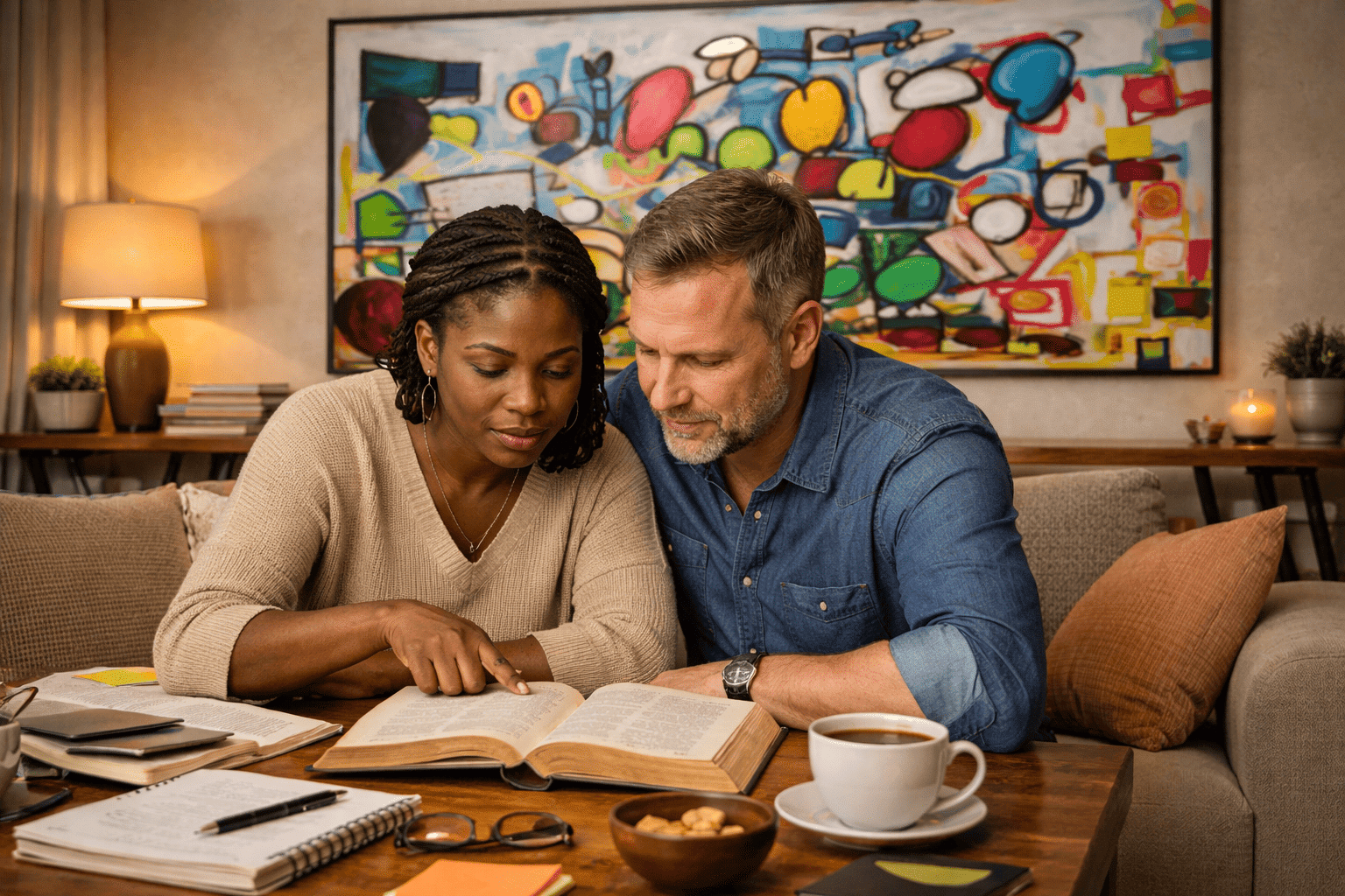 Donkere vrouw en blanke man lezen samen aandachtig in de Bijbel aan een houten tafel in een warme, moderne woonkamer, met notitieblokken, leesbril, kop thee en een kleurrijk abstract schilderij aan de muur.