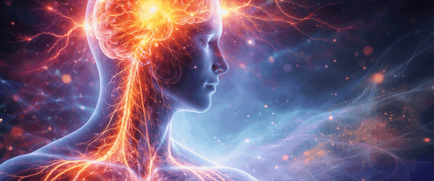 Conceptuele brede header over centrale sensitisatie met een gestileerd menselijk profiel, oplichtende hersenen en zenuwbanen, en abstracte lichteffecten die een overgevoelig zenuwstelsel verbeelden.