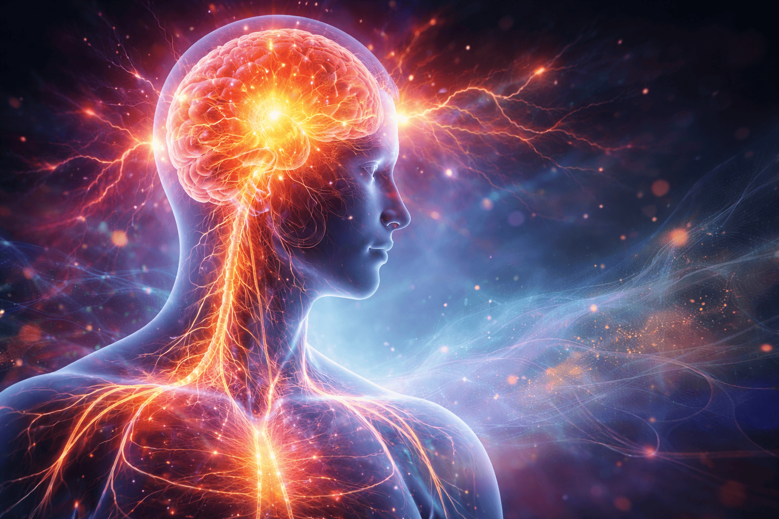 Conceptuele brede header over centrale sensitisatie met een gestileerd menselijk profiel, oplichtende hersenen en zenuwbanen, en abstracte lichteffecten die een overgevoelig zenuwstelsel verbeelden.