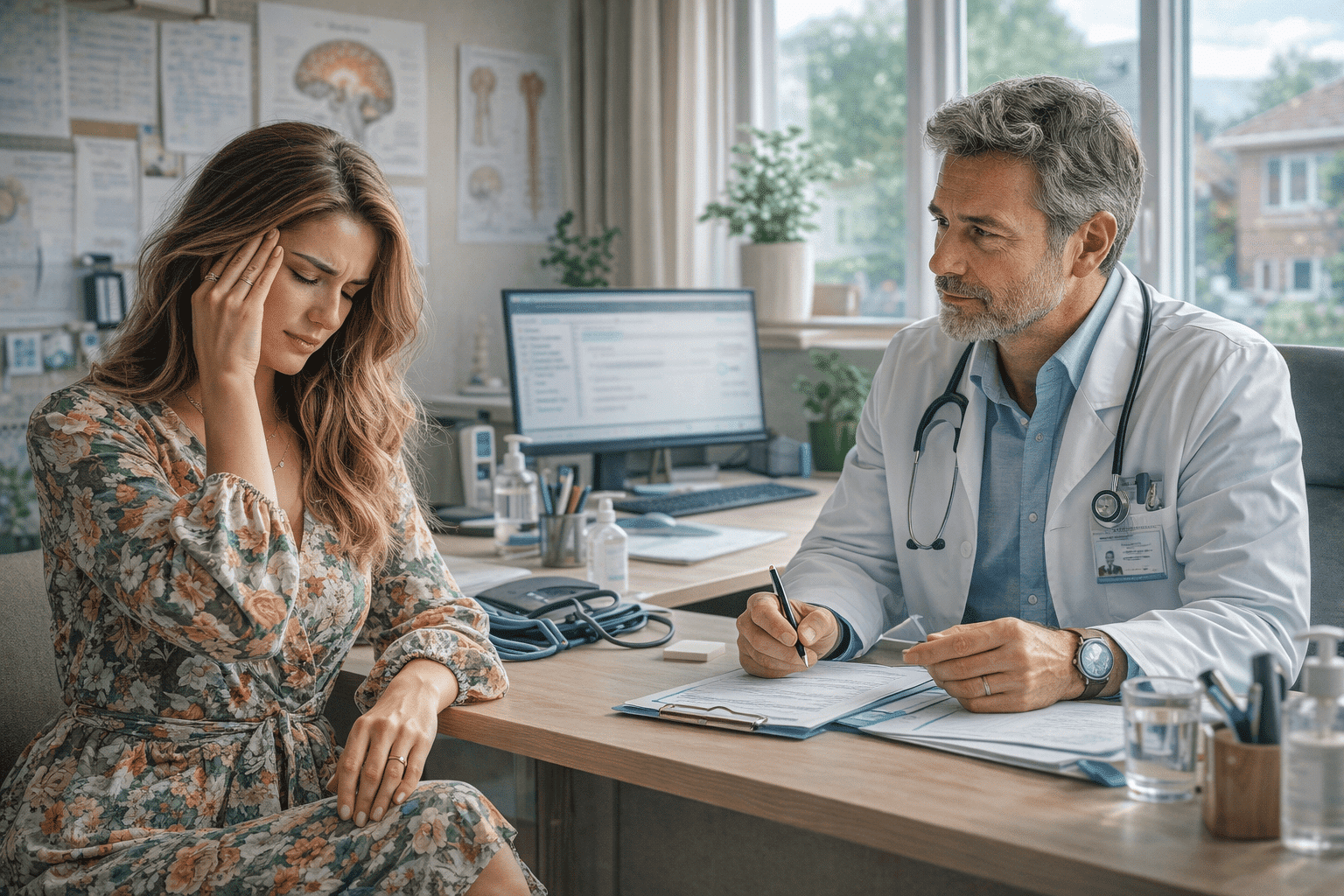 Realistische brede header in Nederlandse huisartsensetting waarin een vrouw in een trendy jurk met pijn- en overprikkelingsklachten in gesprek is met haar arts, in een moderne en rustige spreekkamer.