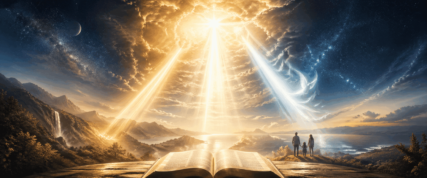 Brede, symbolische headerafbeelding met een open Bijbel op de voorgrond, drie stralen hemels licht boven een berglandschap, sterrenhemel, zee en een klein gezin in de verte.
