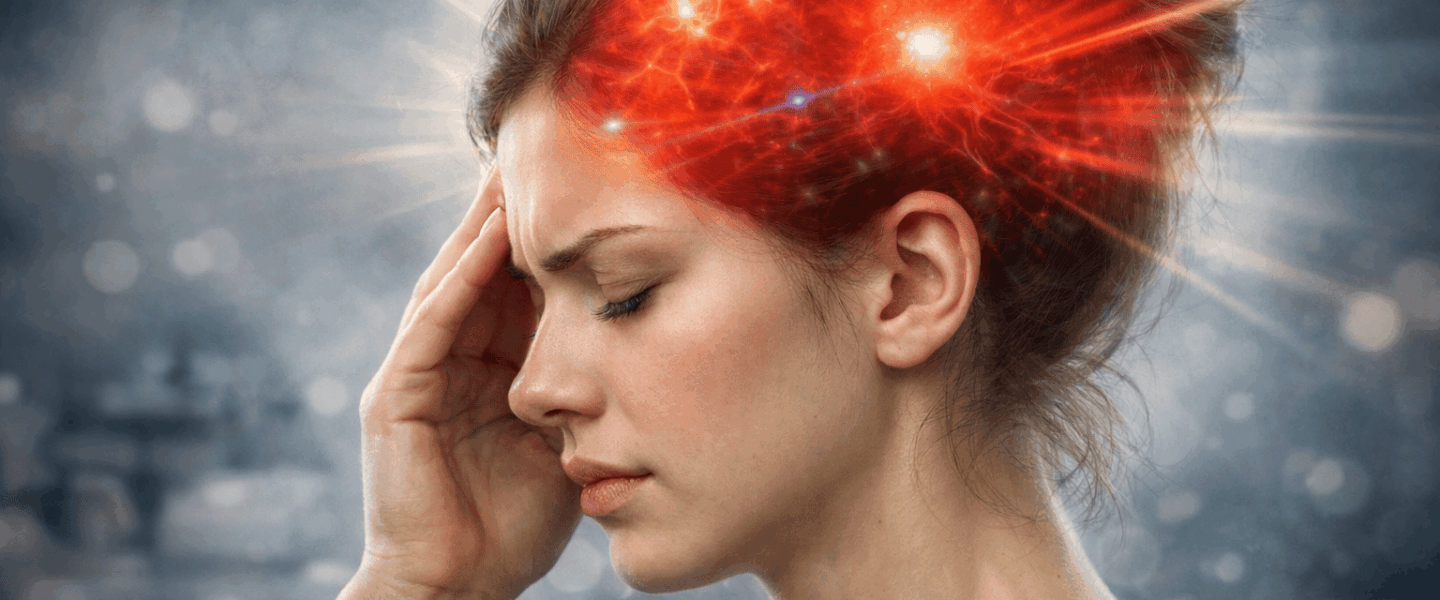 Vrouw met hevige hoofdpijn en drukgevoel in het hoofd, visueel effect van verhoogde hersendruk bij idiopathische intracraniële hypertensie