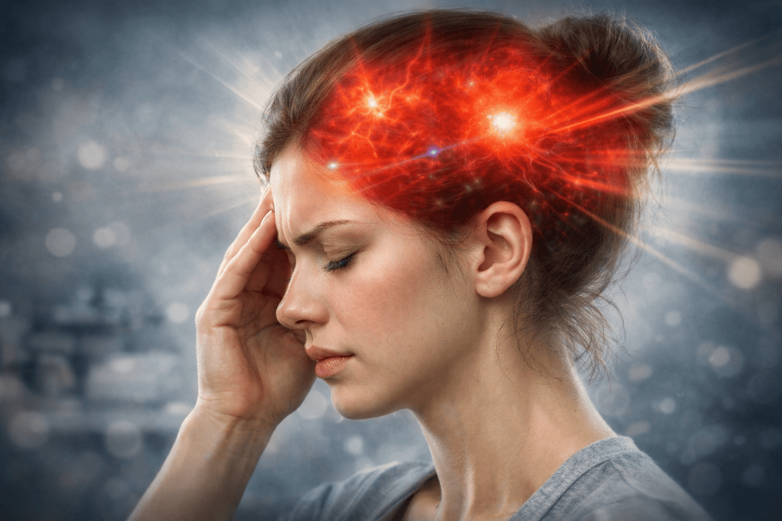Vrouw met hevige hoofdpijn en drukgevoel in het hoofd, visueel effect van verhoogde hersendruk bij idiopathische intracraniële hypertensie