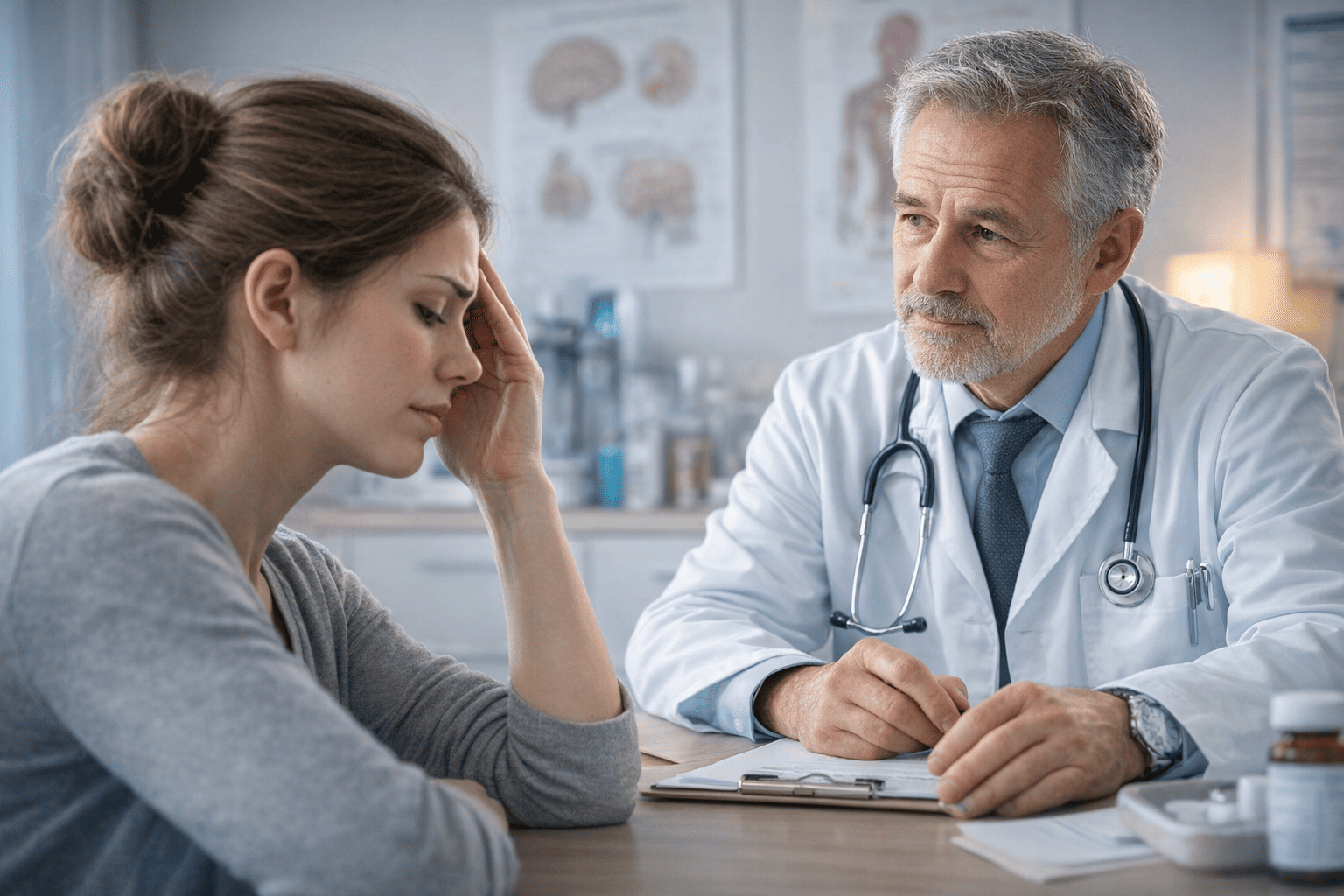 Vrouw met aanhoudende hoofdpijn in gesprek met huisarts over klachten passend bij idiopathische intracraniële hypertensie