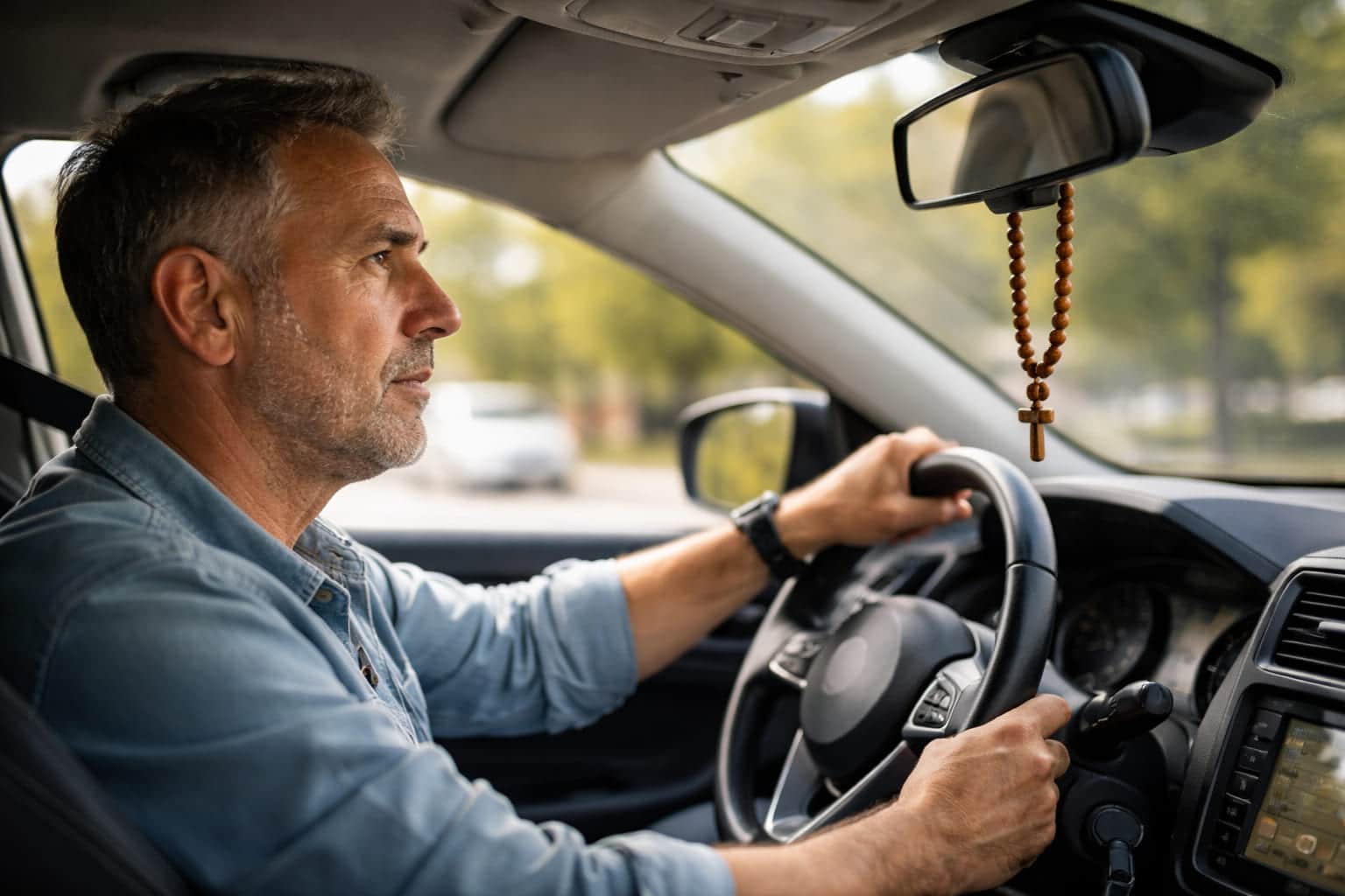 Man van 55 jaar achter het stuur met een rozenkrans hangend aan de binnenspiegel tijdens het autorijden