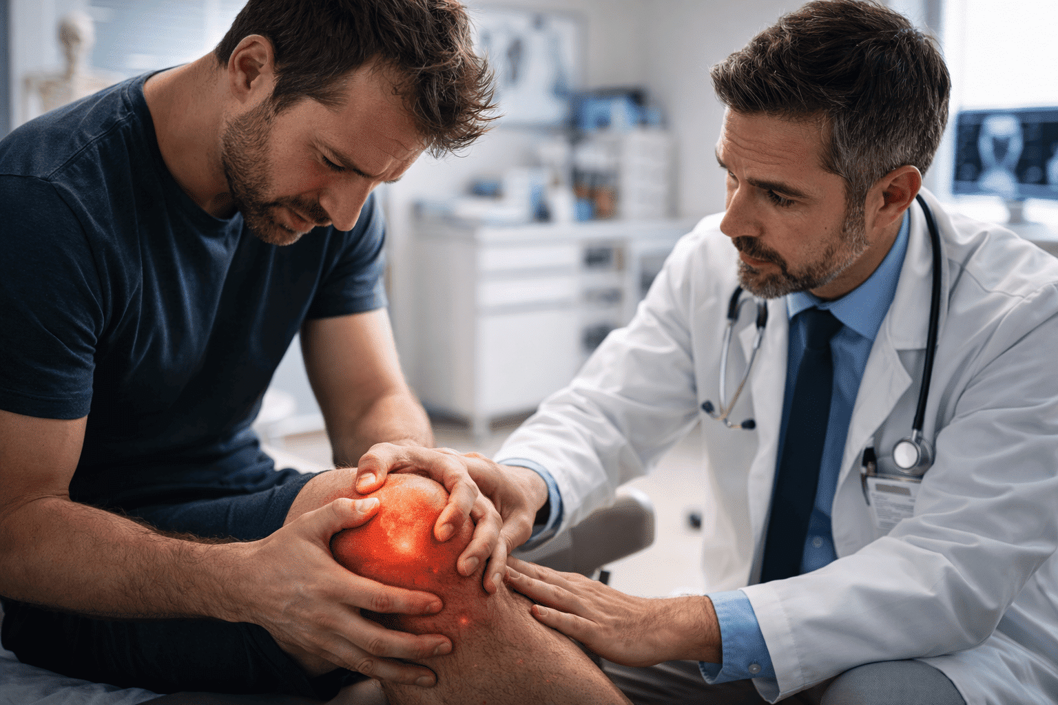Man met kniepijn zit bij de arts in de spreekkamer terwijl de arts de knie onderzoekt; de pijn wordt visueel benadrukt met een subtiel rood licht-effect op de knie, in een realistische medische setting met veel details.