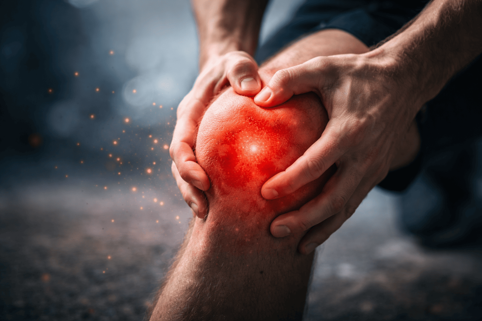 Handen klemmen een pijnlijke knie vast, met een felle roodgloeiende plek als visueel effect dat pijnprikkels en nociceptie suggereert, tegen een donkere onscherpe achtergrond.