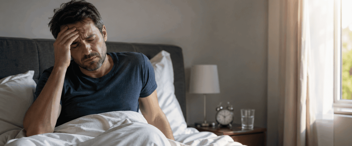 Man zit ’s ochtends in bed met zijn hand tegen het voorhoofd, zichtbaar vermoeid door hoofdpijn, met zacht daglicht door het raam en een glas water op het nachtkastje.