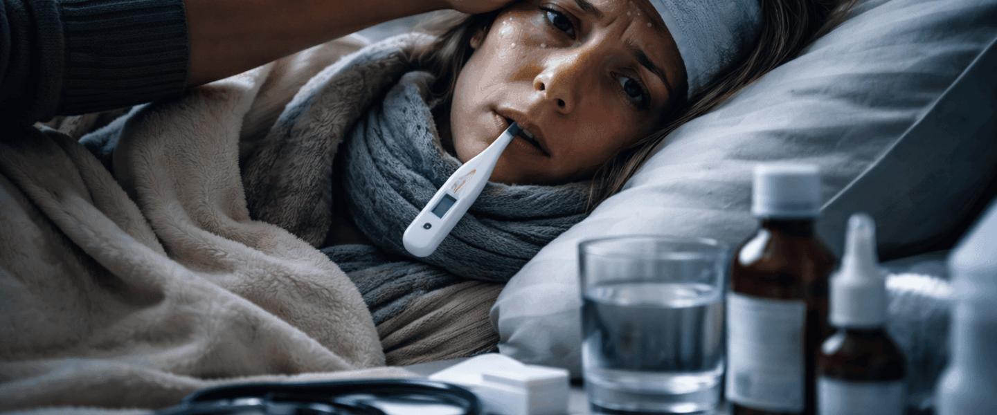 Vrouw met koorts ligt ziek in bed met thermometer, koud washandje op het voorhoofd en medicijnen op het nachtkastje.