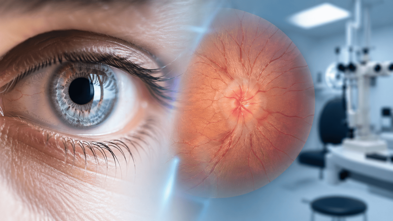 Brede medische headerafbeelding van een menselijk oog met een vergrote weergave van het netvlies en een gezwollen papil bij papiloedeem in een oogheelkundige setting.