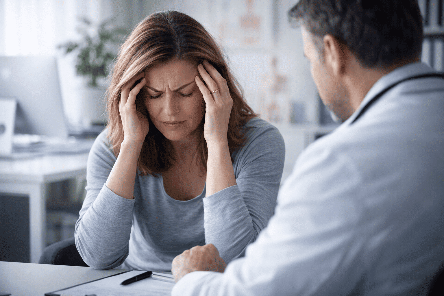 Vrouw met hevige hoofdpijnklachten zit tegenover een arts tijdens een consult in een rustige spreekkamer.