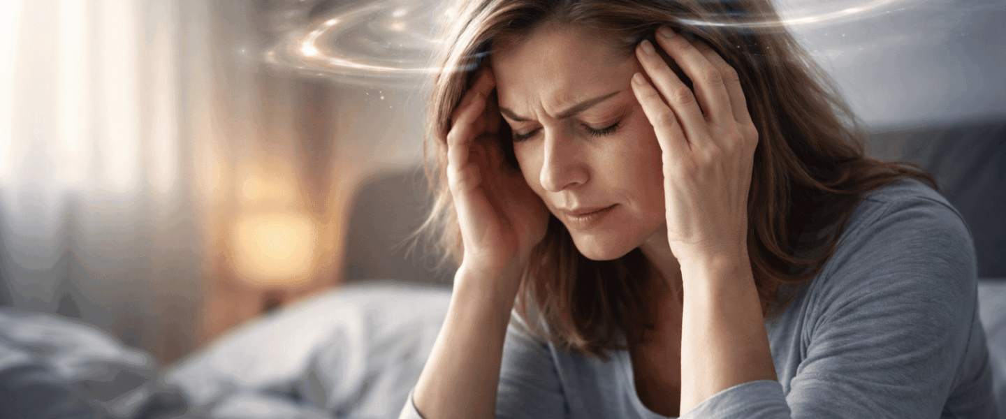 Vrouw zit op de rand van haar bed en houdt haar hoofd vast vanwege heftige hoofdpijn, met subtiele lichteffecten rond het hoofd die duizeligheid of drukverandering suggereren.