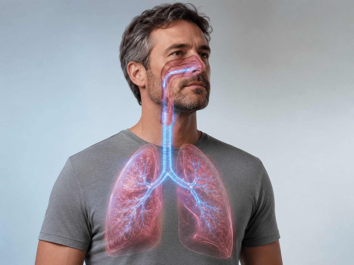 Man in grijs shirt met transparante weergave van de ademhalingswegen, waarbij neus, keel, luchtpijp, bronchiën en longen zichtbaar zijn met lichteffecten.