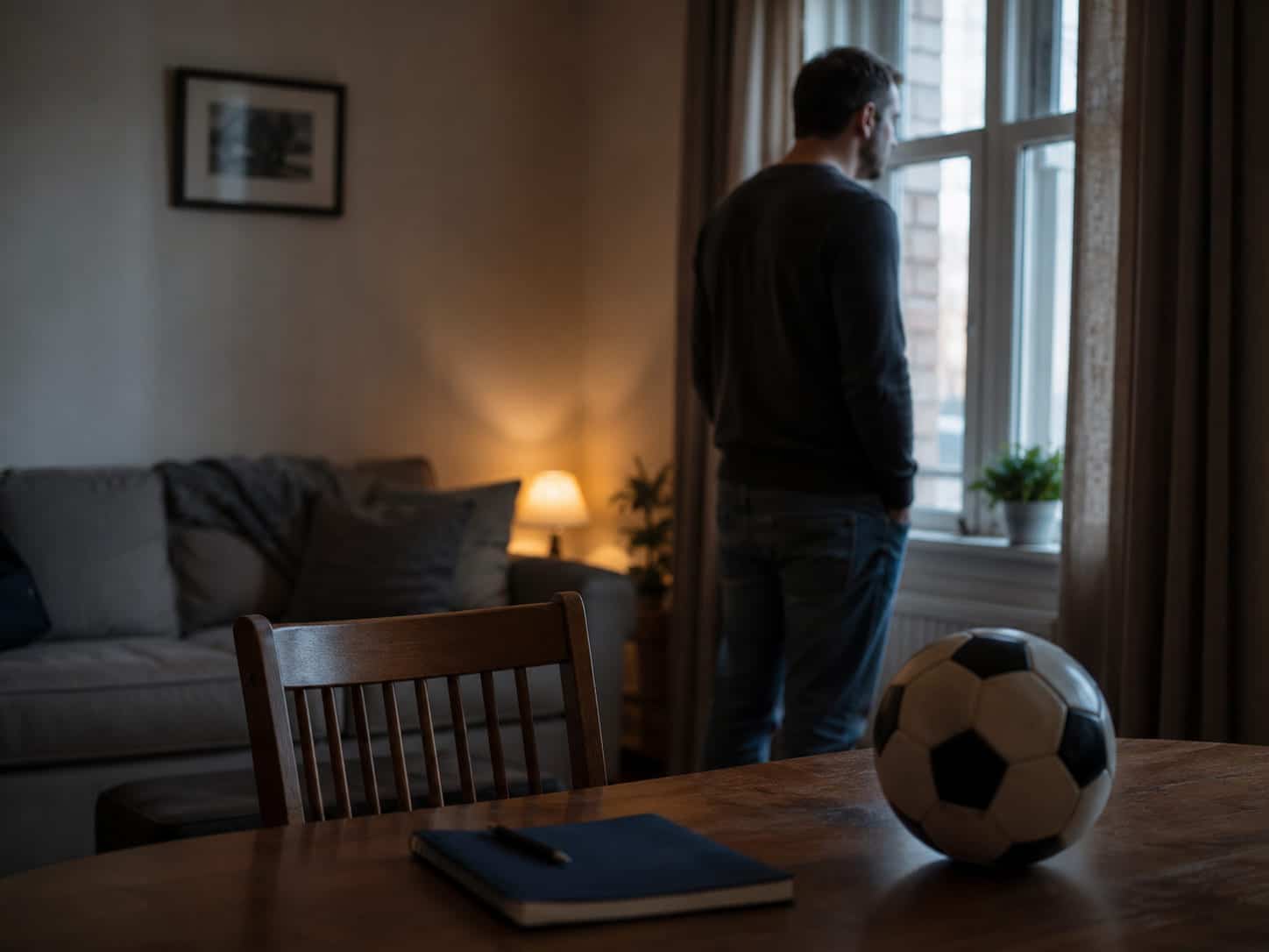 Een volwassen man staat zwijgend bij het raam in een stille woonkamer, terwijl op de tafel een voetbal en een schrift liggen naast een lege stoel; de scène verbeeldt emotionele afstand en afwezige vaderlijke betrokkenheid.
