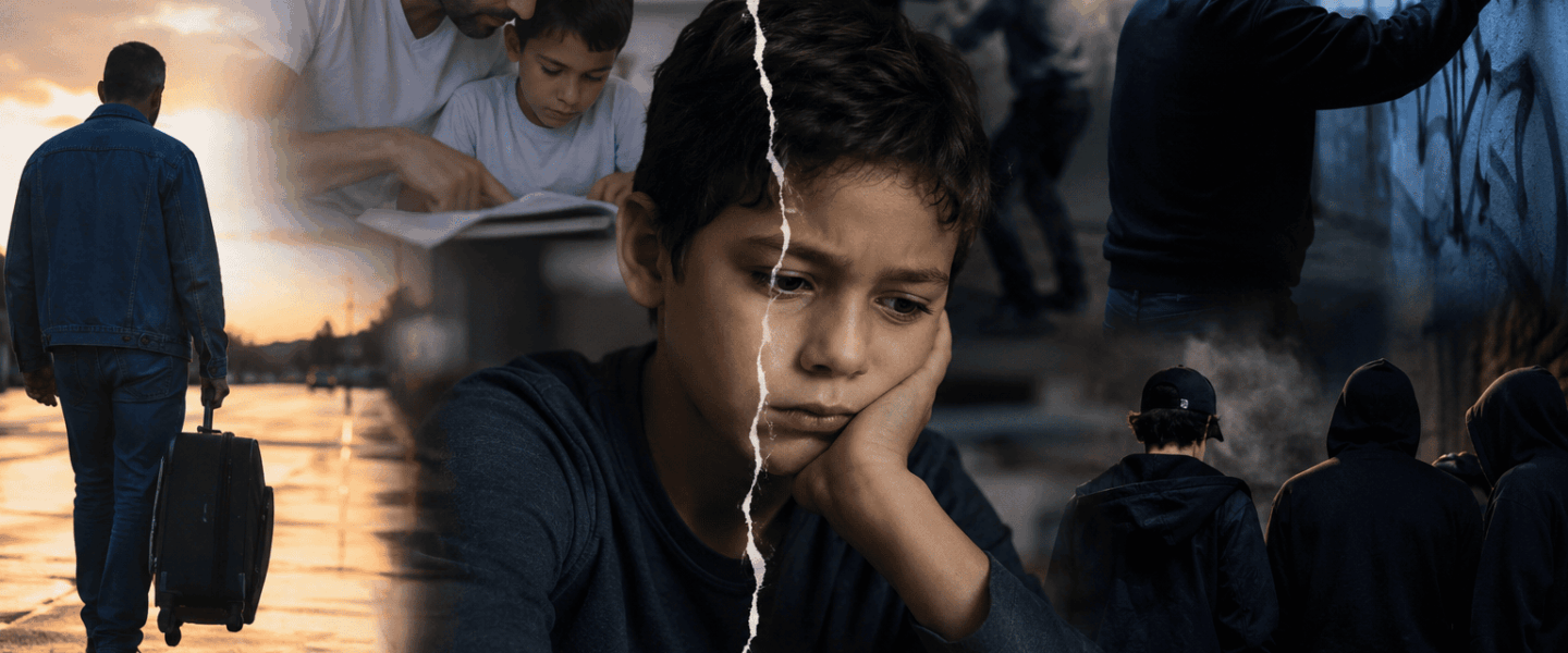 Jongen met verdrietige blik tussen beelden van vaderlijke nabijheid, afwezigheid en straatcriminaliteit, als visuele verbeelding van wat kinderen kunnen missen wanneer gezag, toezicht en betrokkenheid wegvallen.
