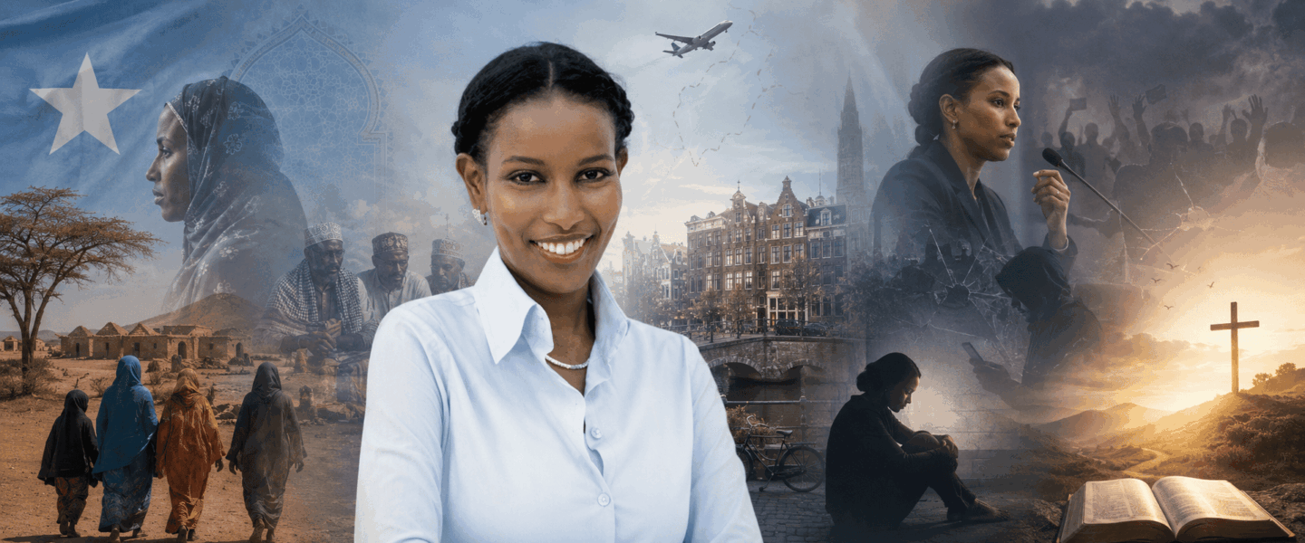 Ayaan Hirsi Ali in een brede collage met verwijzingen naar Somalië, migratie, Nederland, publieke strijd, innerlijke leegte en christelijk geloof.