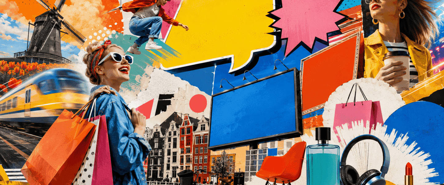 Kleurrijke collage in reclamestijl met winkelende mensen, lege billboards, grafische vormen, Nederlandse stadsgevels, een fiets, tulpen, windmolen en moderne lifestyle-producten.