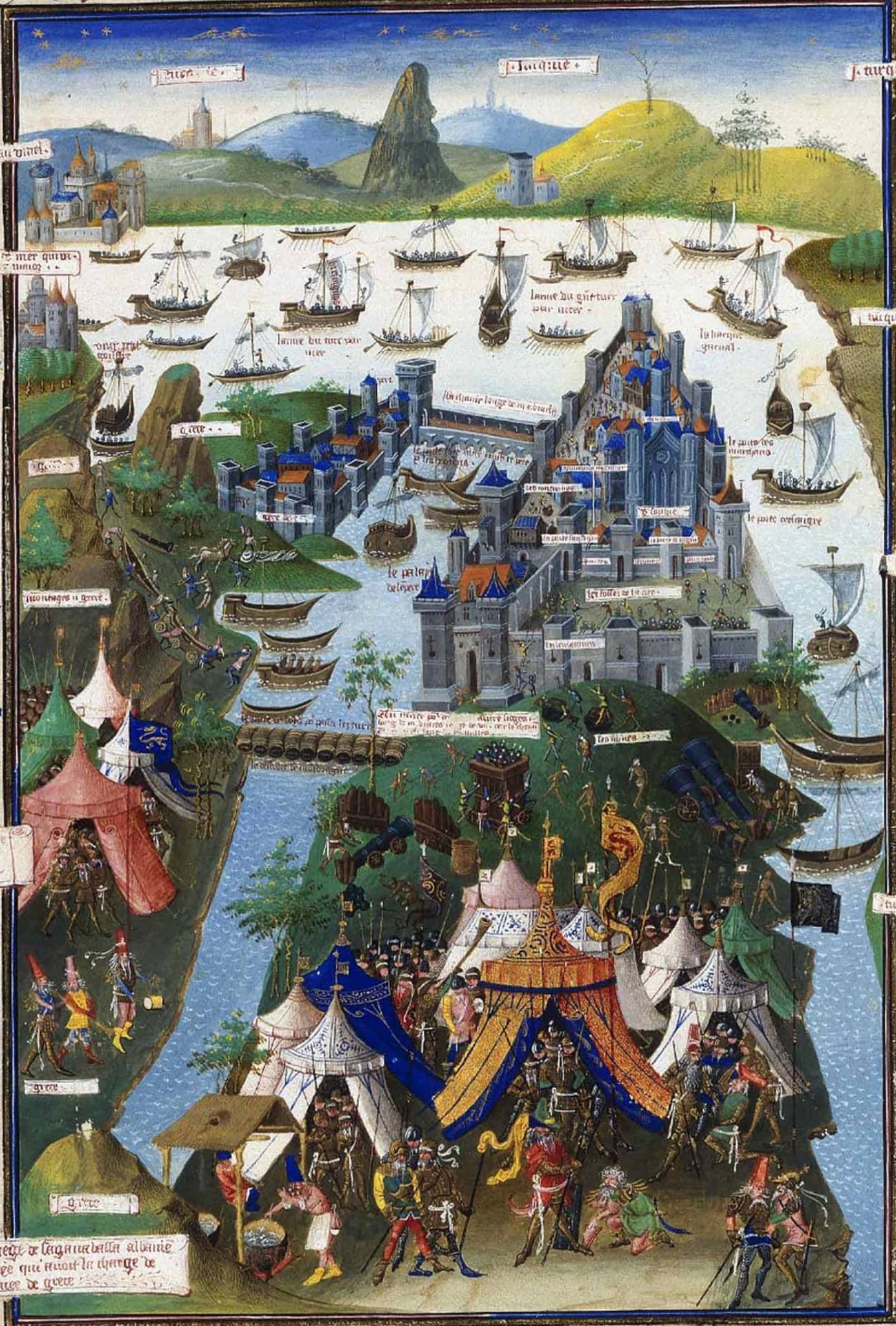 Middeleeuwse miniatuur van het Beleg van Constantinopel in 1453, met stadsmuren, schepen, legertenten en strijdende troepen rond de Byzantijnse hoofdstad.