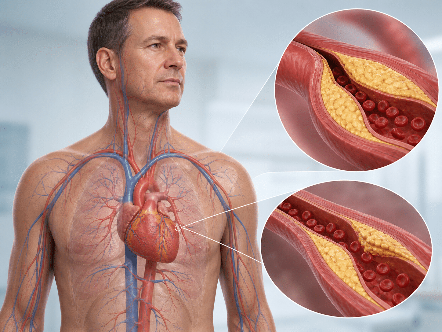 Medische illustratie van een volwassen man met zichtbaar hart- en vaatstelsel, met uitvergrote doorsneden van slagaders waarin cholesterolplaques de bloedstroom vernauwen.