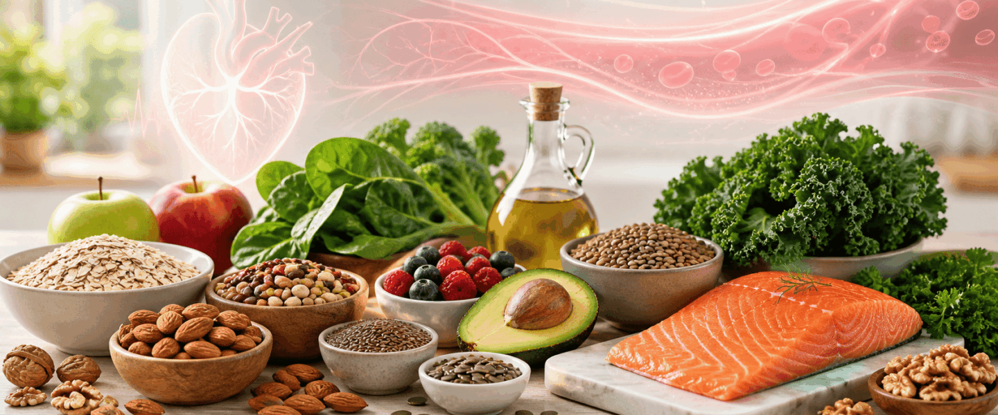 Gezonde voeding om cholesterol te verlagen, met havermout, noten, zaden, avocado, peulvruchten, olijfolie, bladgroenten, bessen en zalm, met subtiele hart- en bloedvateffecten op de achtergrond.