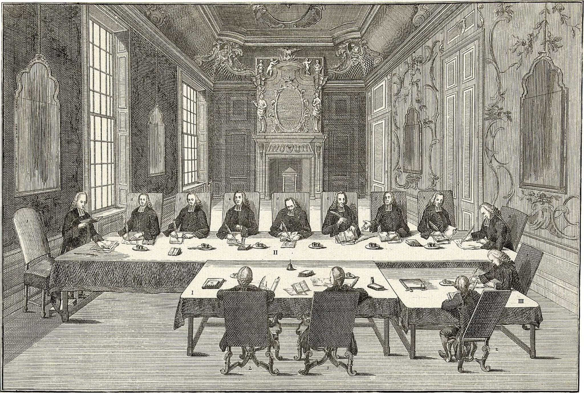 Historische gravure van de Commissie ter Verbetering van de Rijmpsalmen, vergaderend in het Mauritshuis rond een lange tafel.