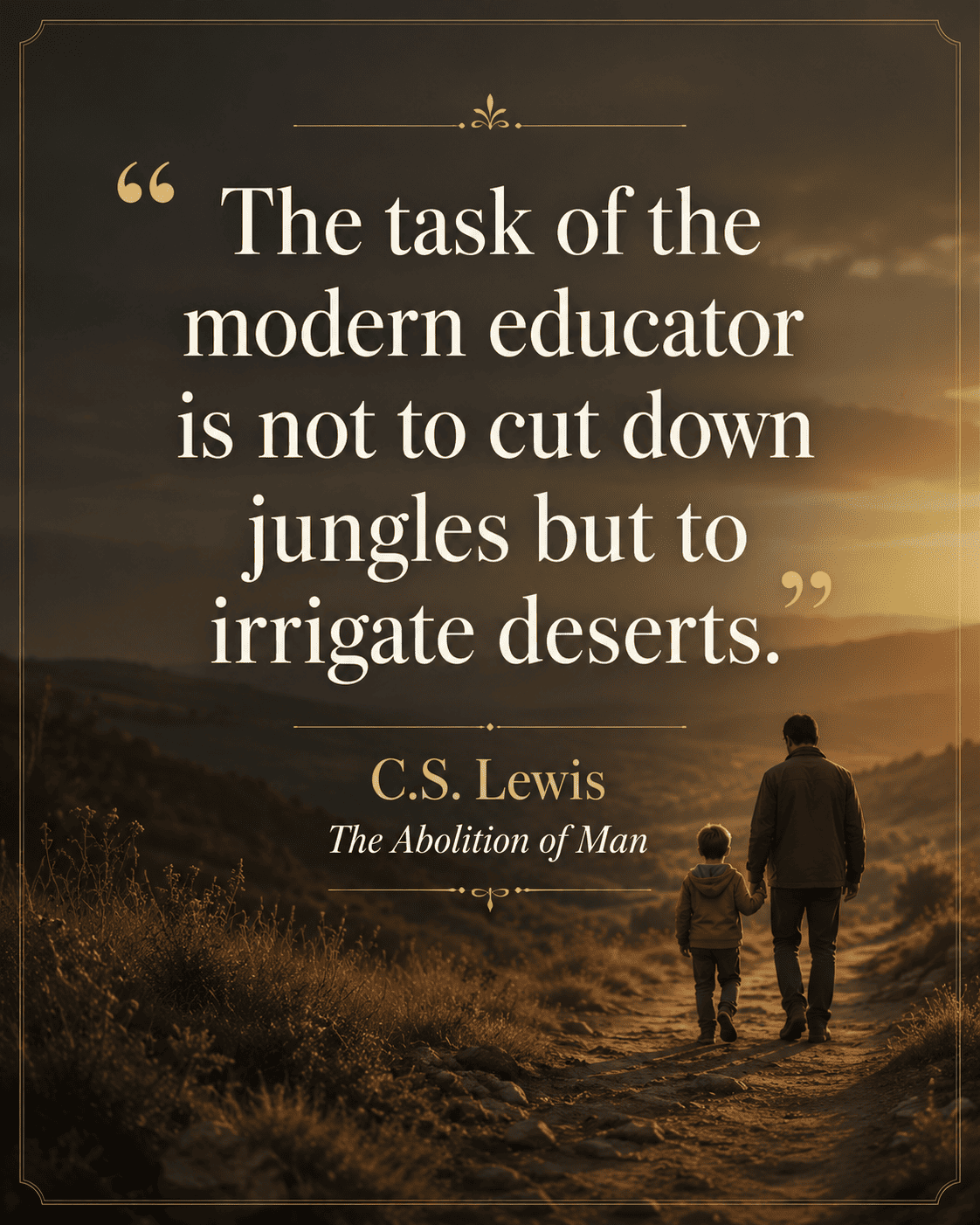 Citaatafbeelding met een warm avondlandschap op de achtergrond, waarop een volwassen man en een kind samen over een pad lopen. In sierlijke typografie staat het citaat van C.S. Lewis: “The task of the modern educator is not to cut down jungles but to irrigate deserts.” Onderaan staan de naam C.S. Lewis en de titel The Abolition of Man.