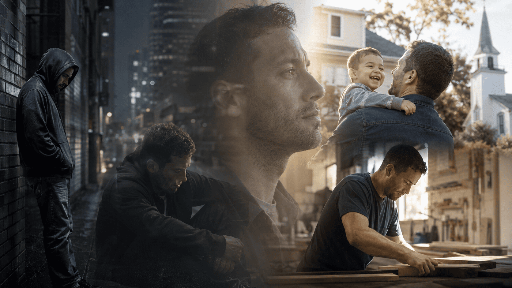 Fotorealistische collage over desistance en identiteitsverandering, met een sombere man in een stedelijke omgeving aan de linkerkant, een nadenkend portret in het midden, en rechts warmere scènes van vaderschap, werk en een betekenisvoller leven.